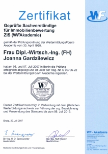 Zertifikat: "Geprüfte Sachverständige für Immobilienbewertung ZIS (WFAkademie)"