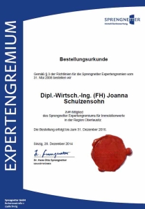 Bestellungsurkunde: Mitglied des Sprengnetter Expertengremium für Immobilienwerte in der Region Oberlausitz
